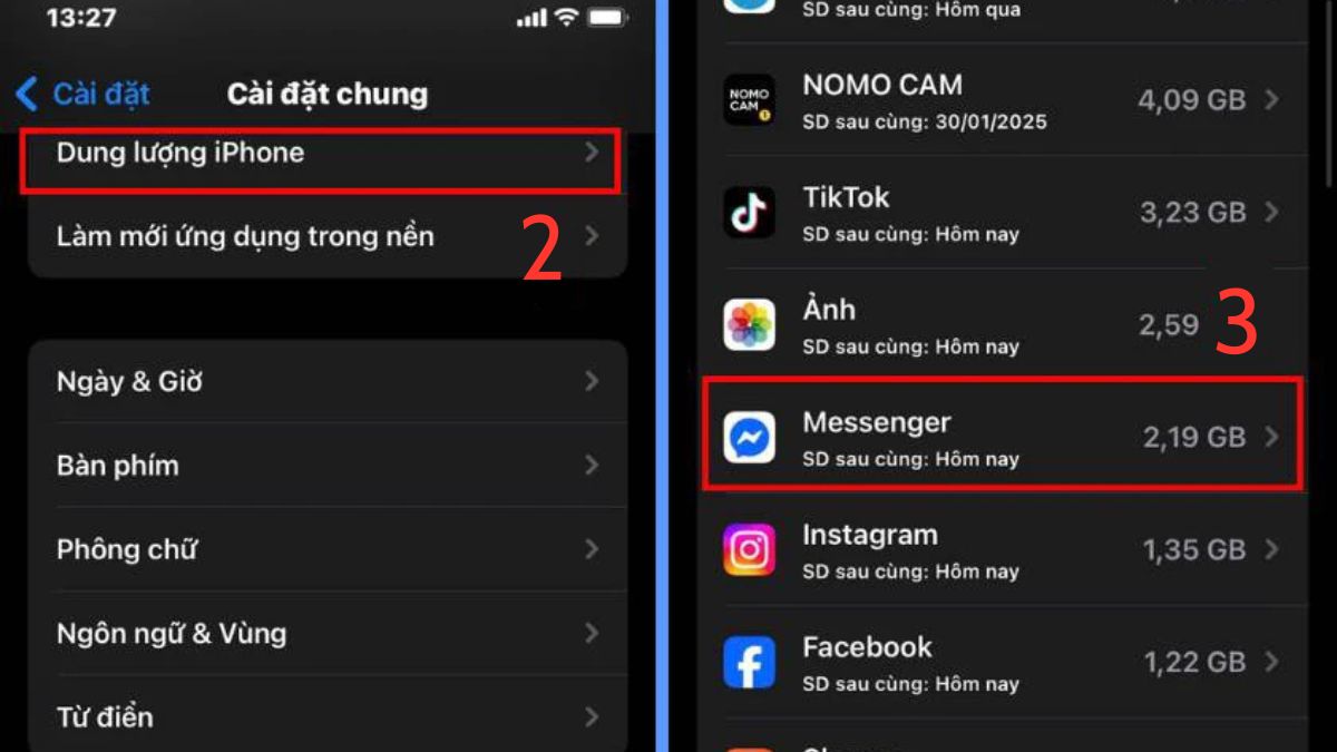 Sửa lỗi Messenger không thông báo tin nhắn - Xóa bộ nhớ cache của ứng dụng bước 2, 3