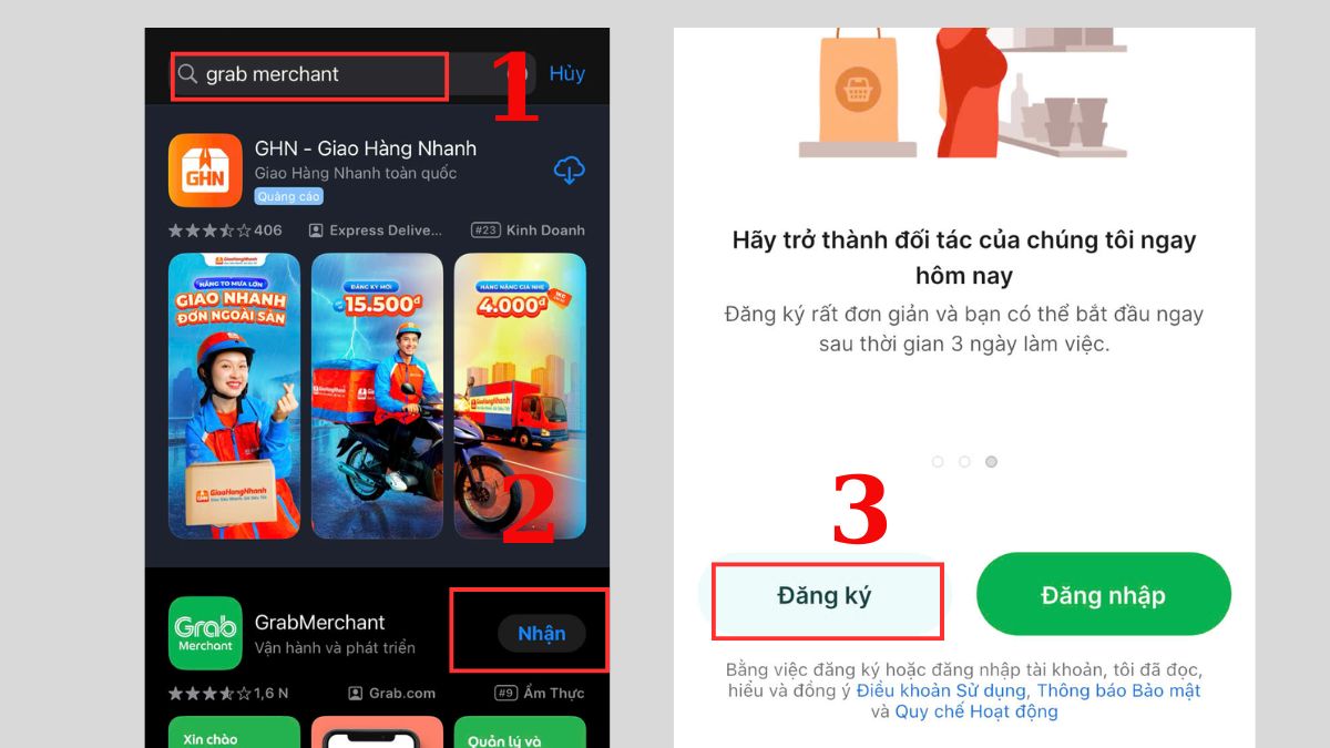 Hướng dẫn sử dụng app Grab Merchant - Đăng ký tài khoản bước 1, 2, 3