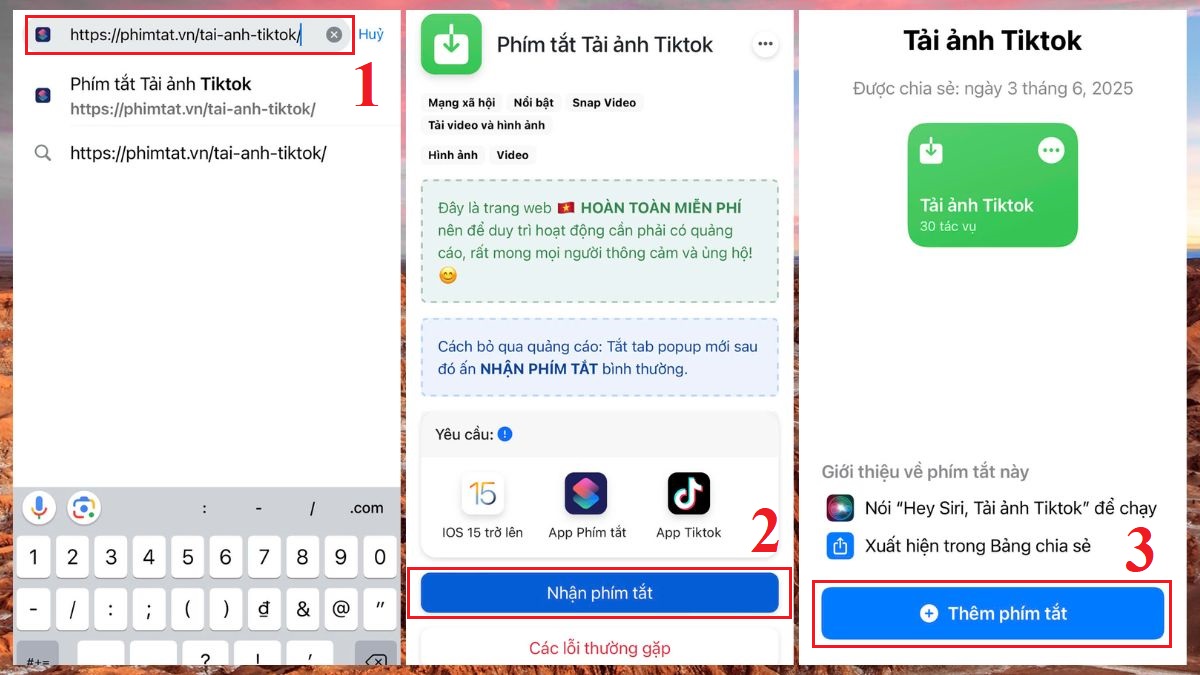 Tải ảnh TikTok không logo trên iPhone bằng Phím tắt bước 1, 2, 3