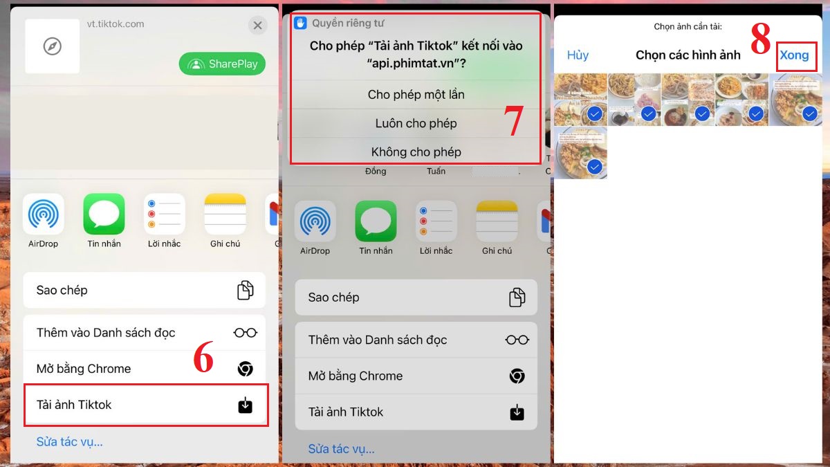 Tải ảnh TikTok không logo trên iPhone bằng Phím tắt bước 6, 7, 8