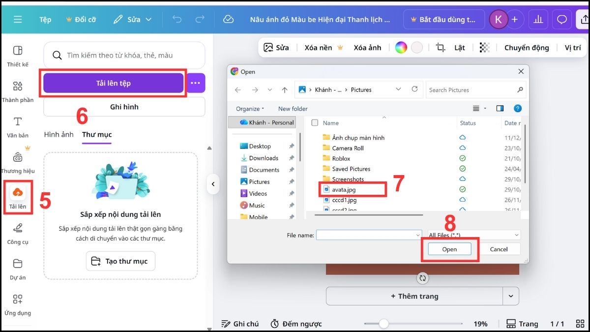Tạo avatar Facebook bằng Canva bước 5, 6, 7, 8
