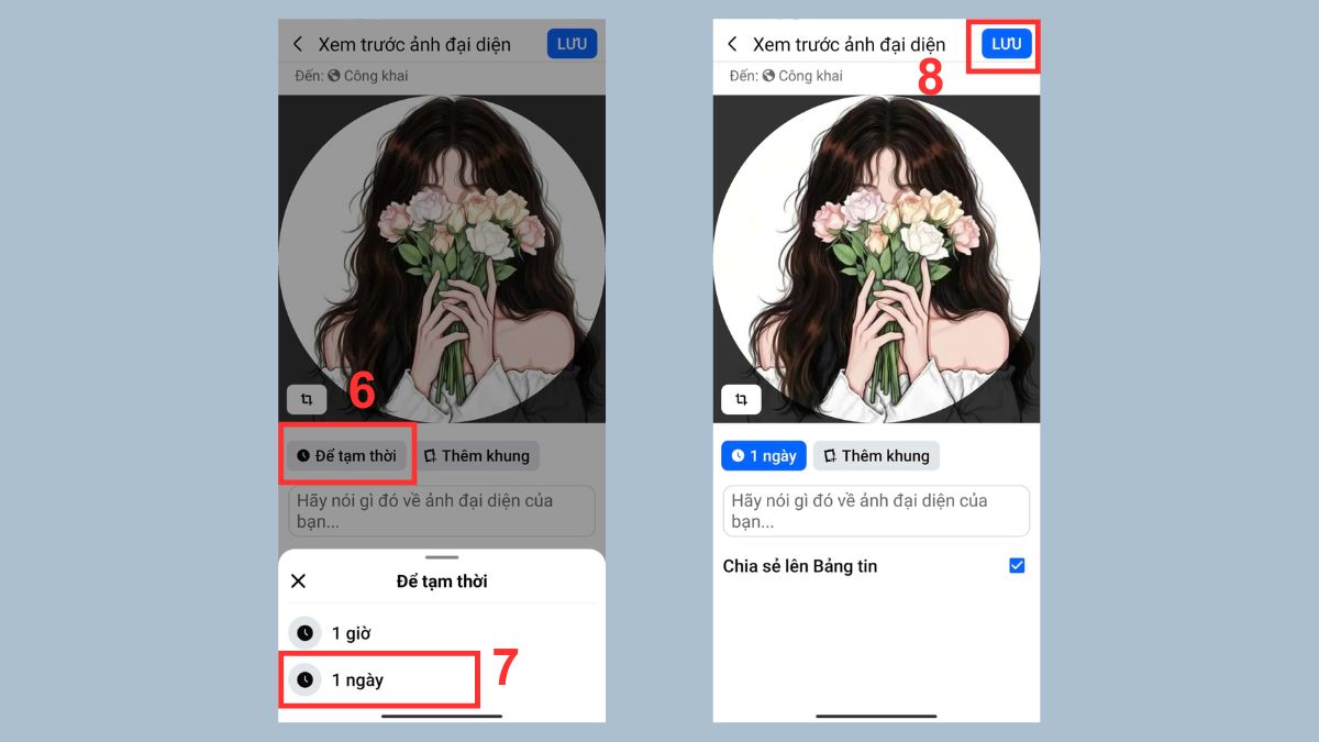 Tạo avatar Facebook và đặt avatar tạm thời bước 6, 7, 8