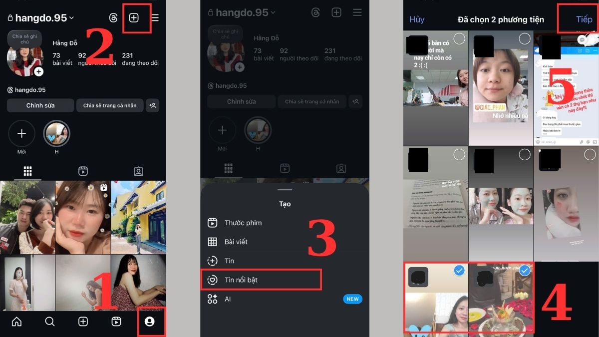 Cách thêm tin nổi bật Instagram từ Story bài đăng bước 1, 2, 3, 4, 5