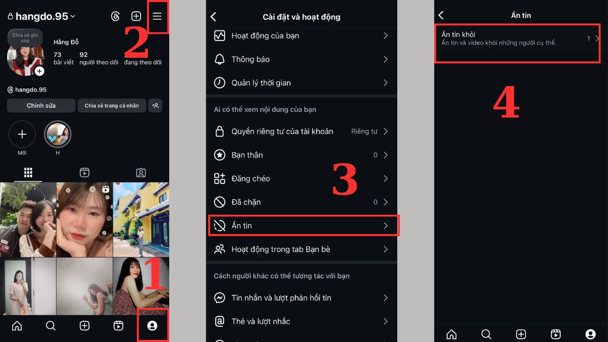 Cài đặt quyền riêng tư khi tạo tin nổi bật trên Instagram bước 1, 2, 3, 4