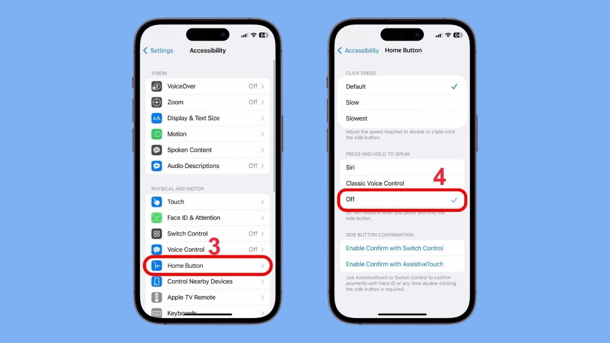 Cách tắt khẩu lệnh tai nghe Bluetooth trên iPhone - Đối với iPhone có nút Home bước 3, 4