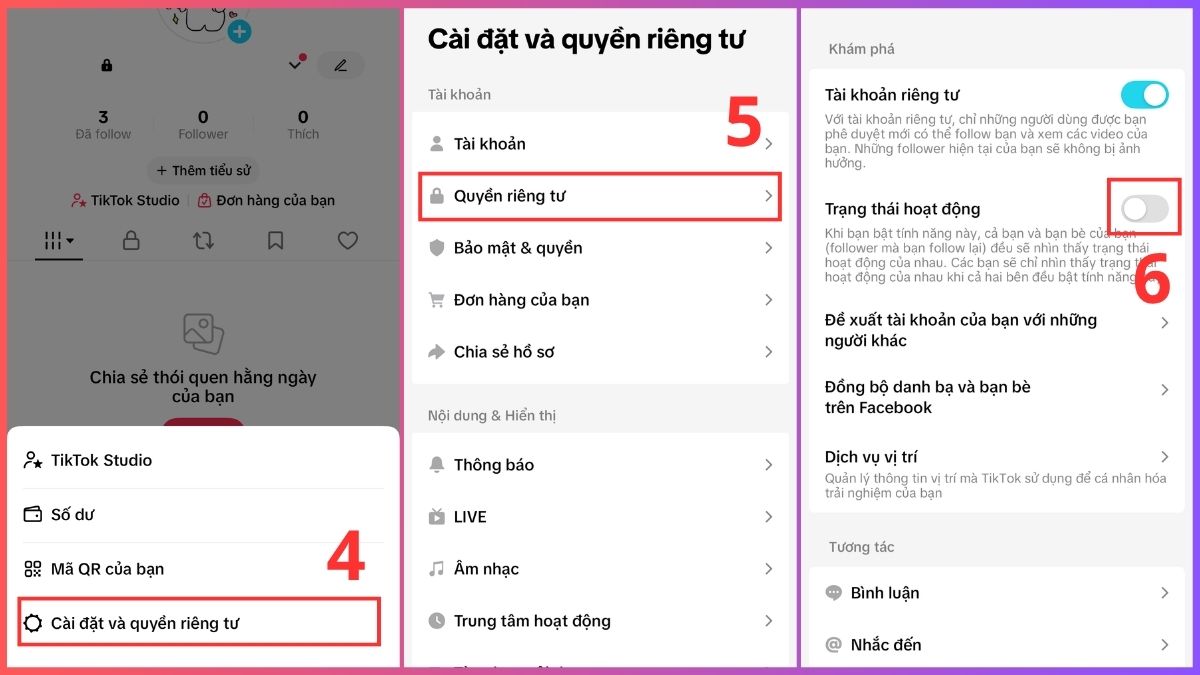 Tắt trạng thái hoạt động TikTok bước 4, 5, 6