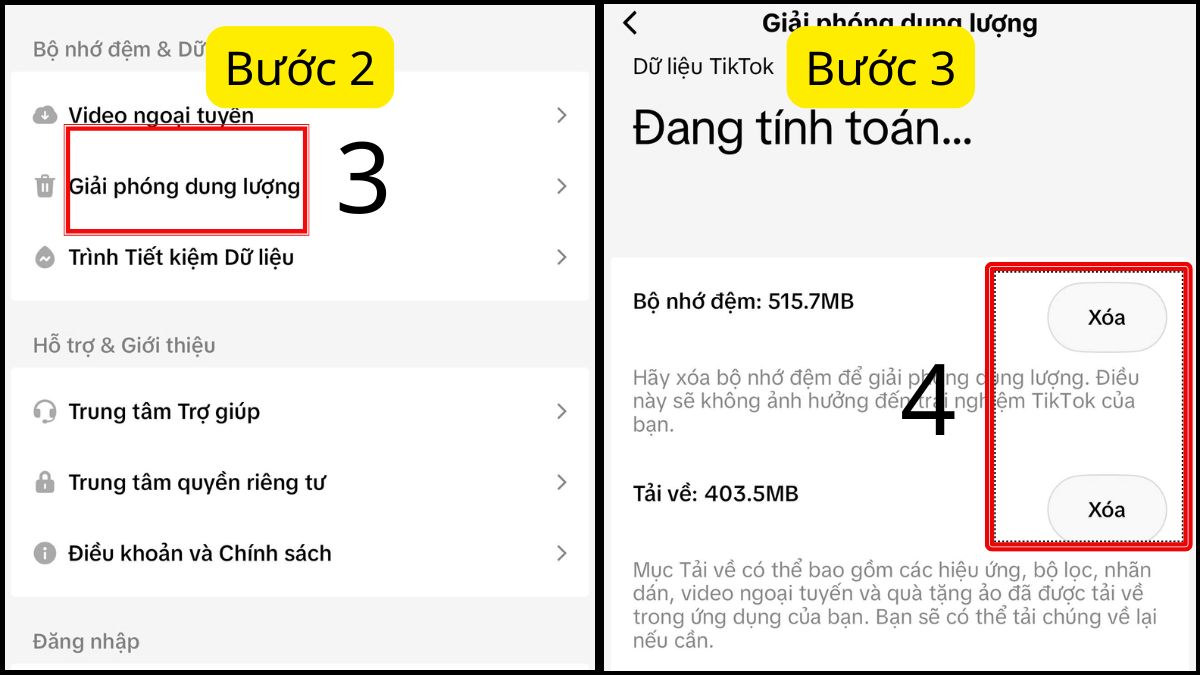 Sửa lỗi Tiktok không vào được - Xóa bộ nhớ đệm bước 2, 3