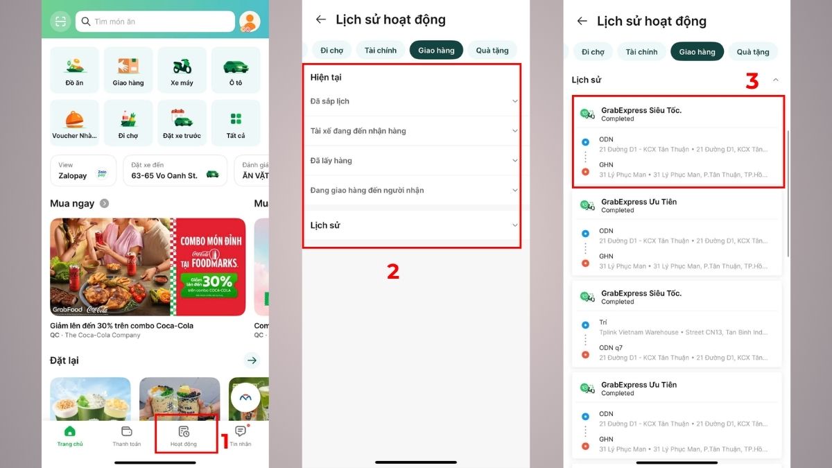 Tra mã vận đơn Grab Express trên ứng dụng bước 1, 2, 3