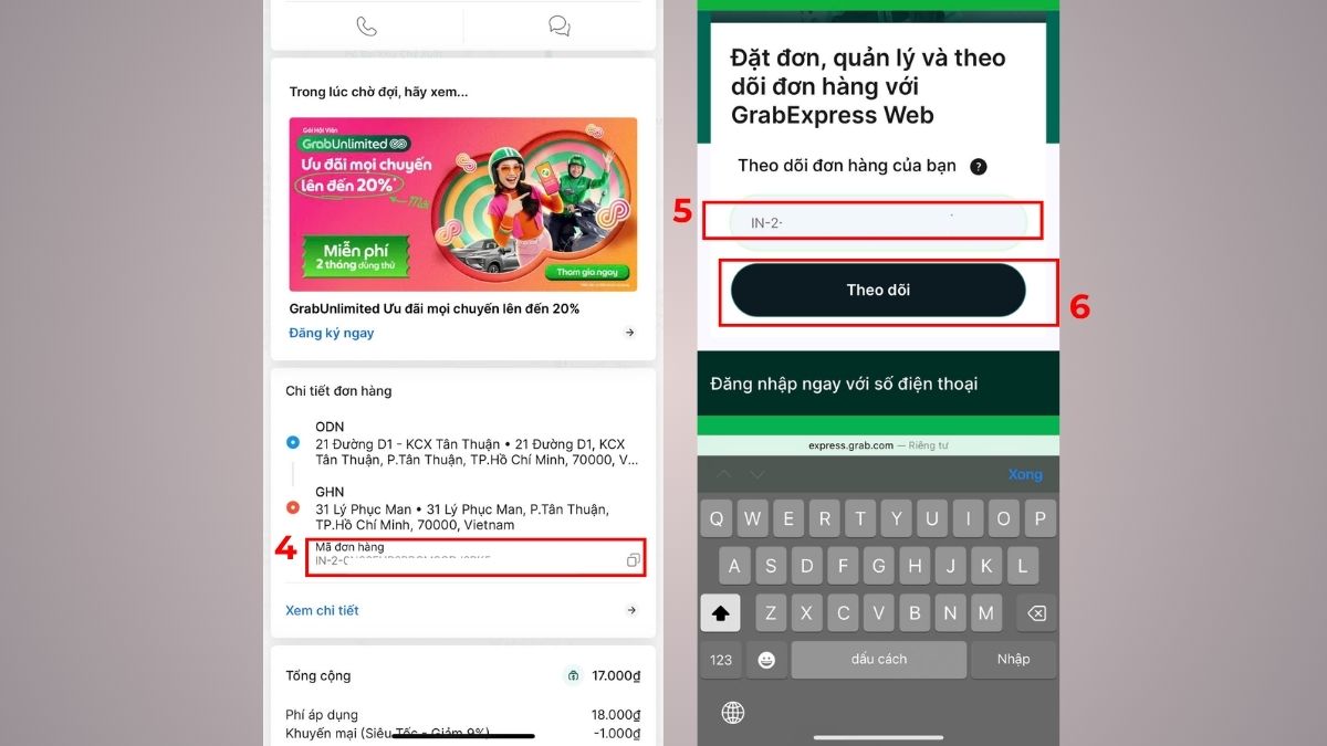Tra mã vận đơn Grab Express trên ứng dụng bước 4, 5, 6
