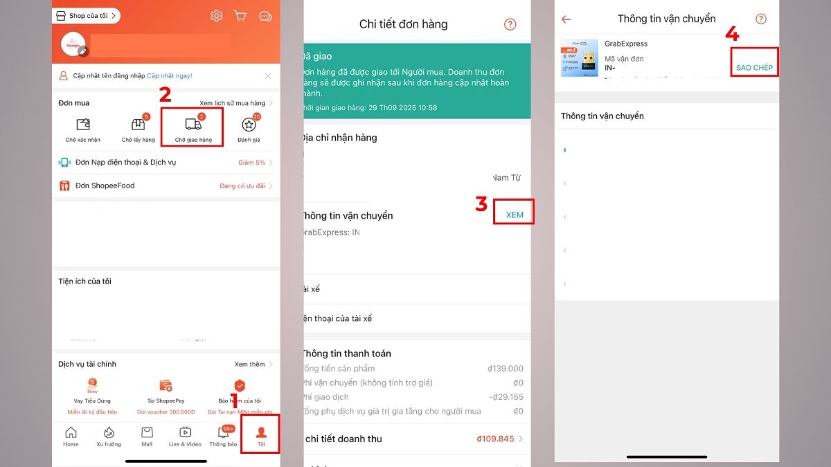 Tra mã vận đơn Grab Express Shopee bước 1, 2, 3, 4