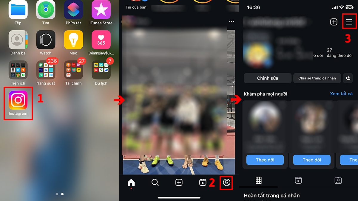 Xóa bình luận trên Instagram bằng điện thoại tại mục Hoạt động của bạn bước 1, 2, 3