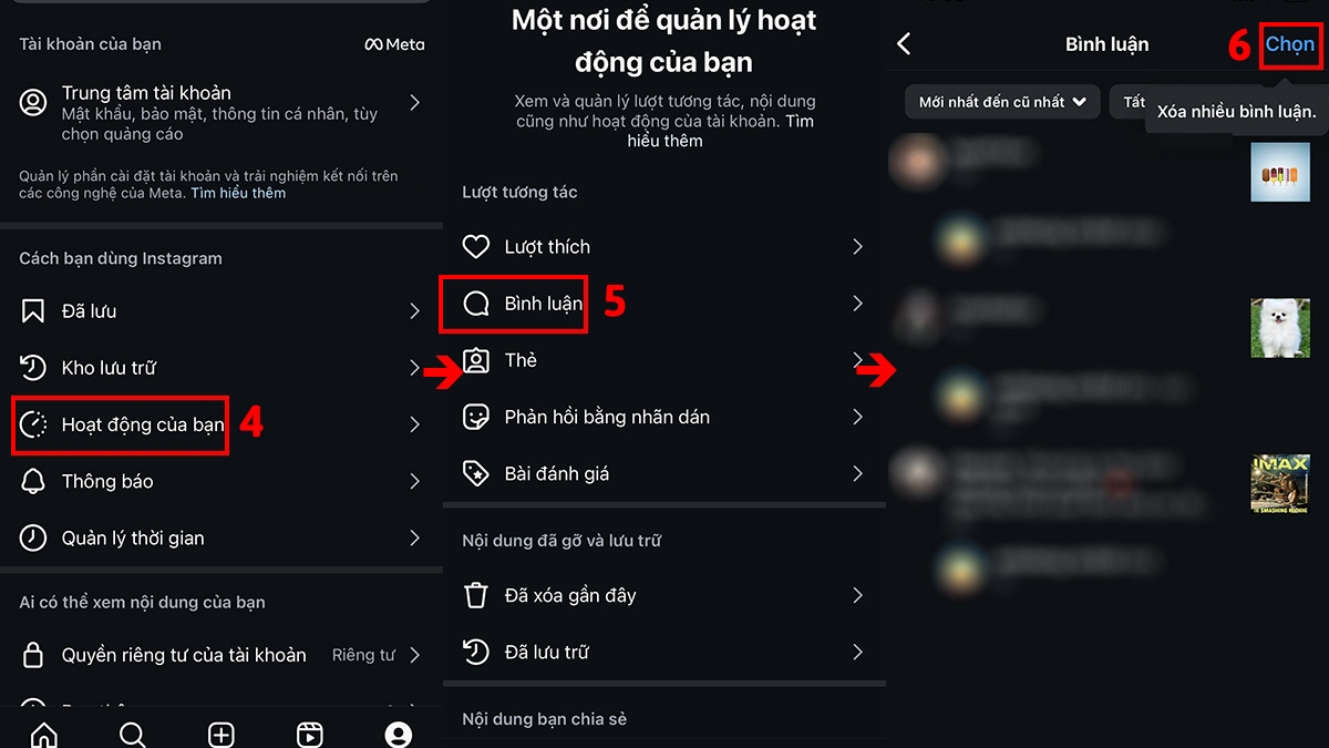 Xóa bình luận trên Instagram bằng điện thoại tại mục Hoạt động của bạn bước 4, 5, 6