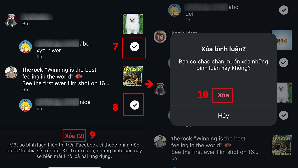 Xóa bình luận trên Instagram bằng điện thoại tại mục Hoạt động của bạn bước 7, 8, 9, 10