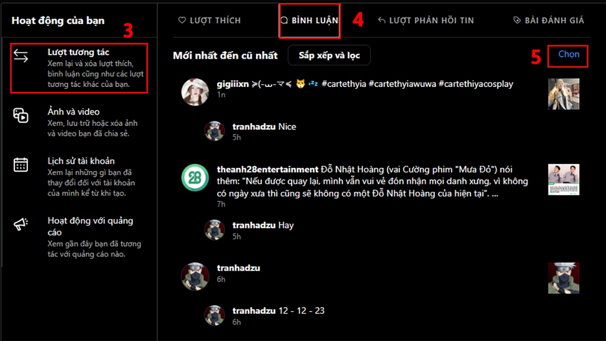 Cách xóa bình luận trên Instagram hàng loạt bằng máy tính bước 3, 4, 5
