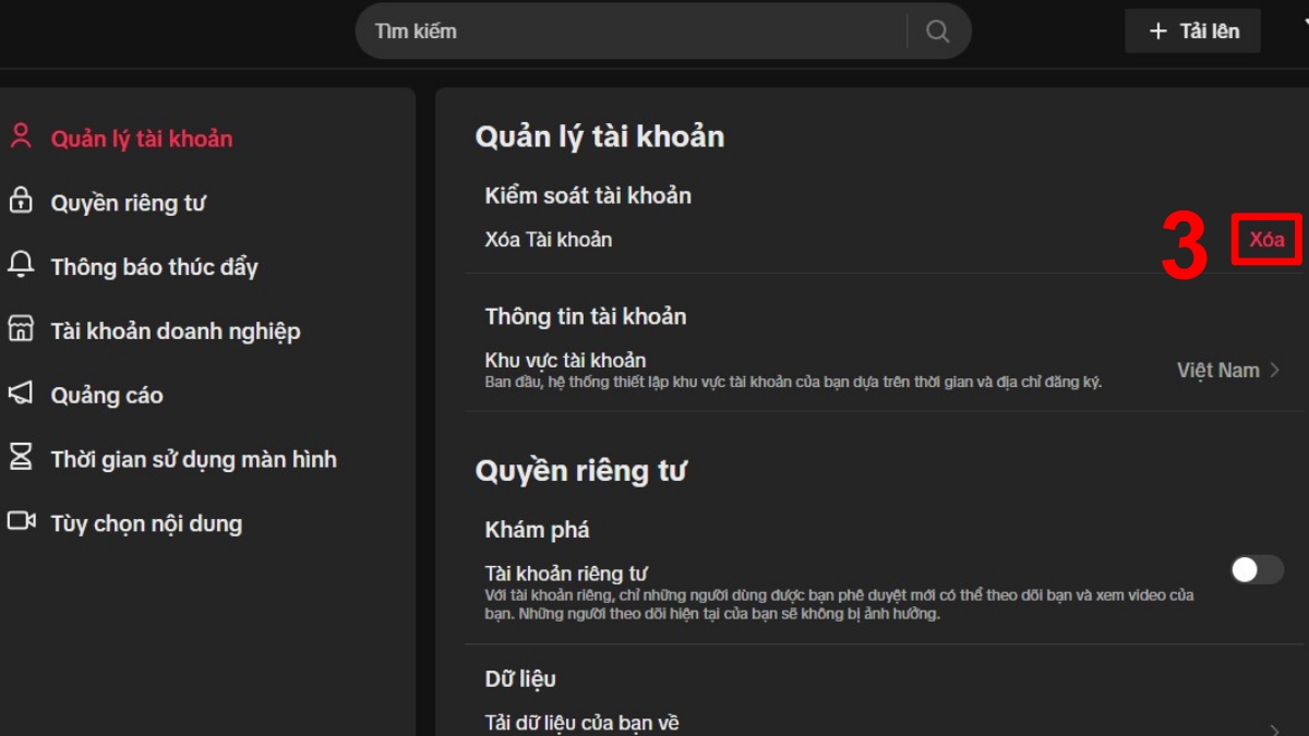 Cách xóa tài khoản Tik Tok vĩnh viễn trên máy tính bước 3