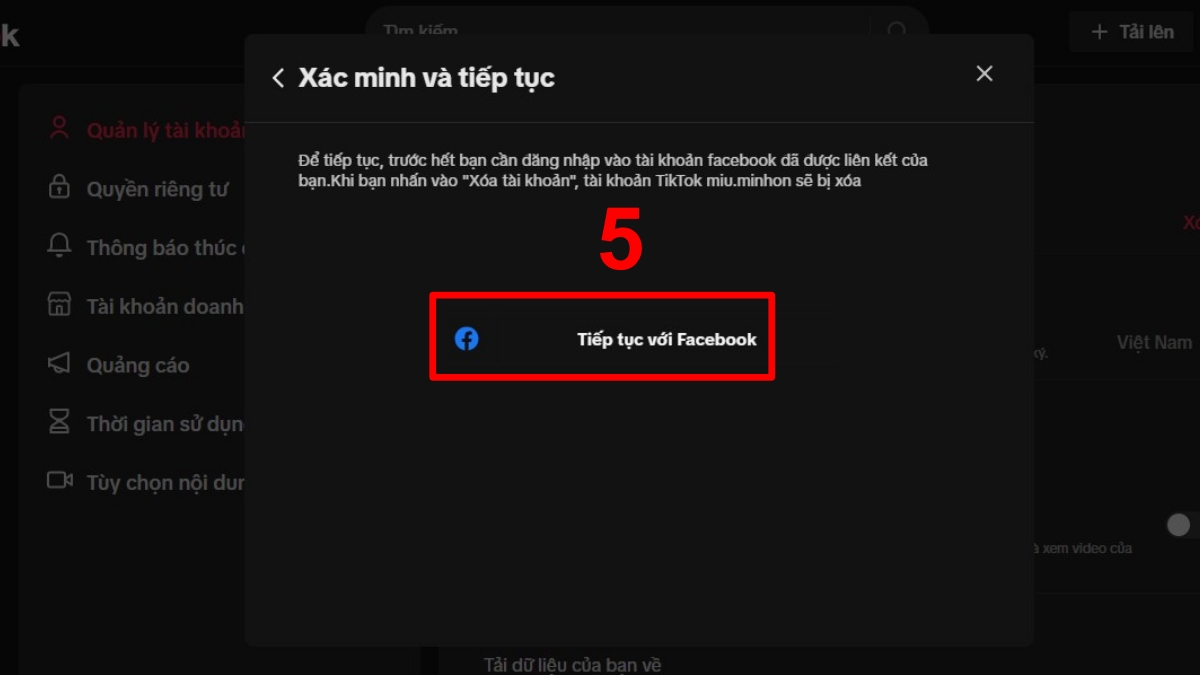 Cách xóa tài khoản Tik Tok vĩnh viễn trên máy tính bước 5