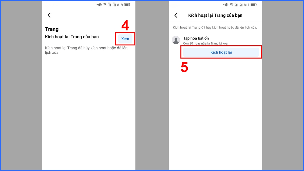 Cách khôi phục sau khi xoá trang trên Facebook trên điện thoại - Bước 4, 5