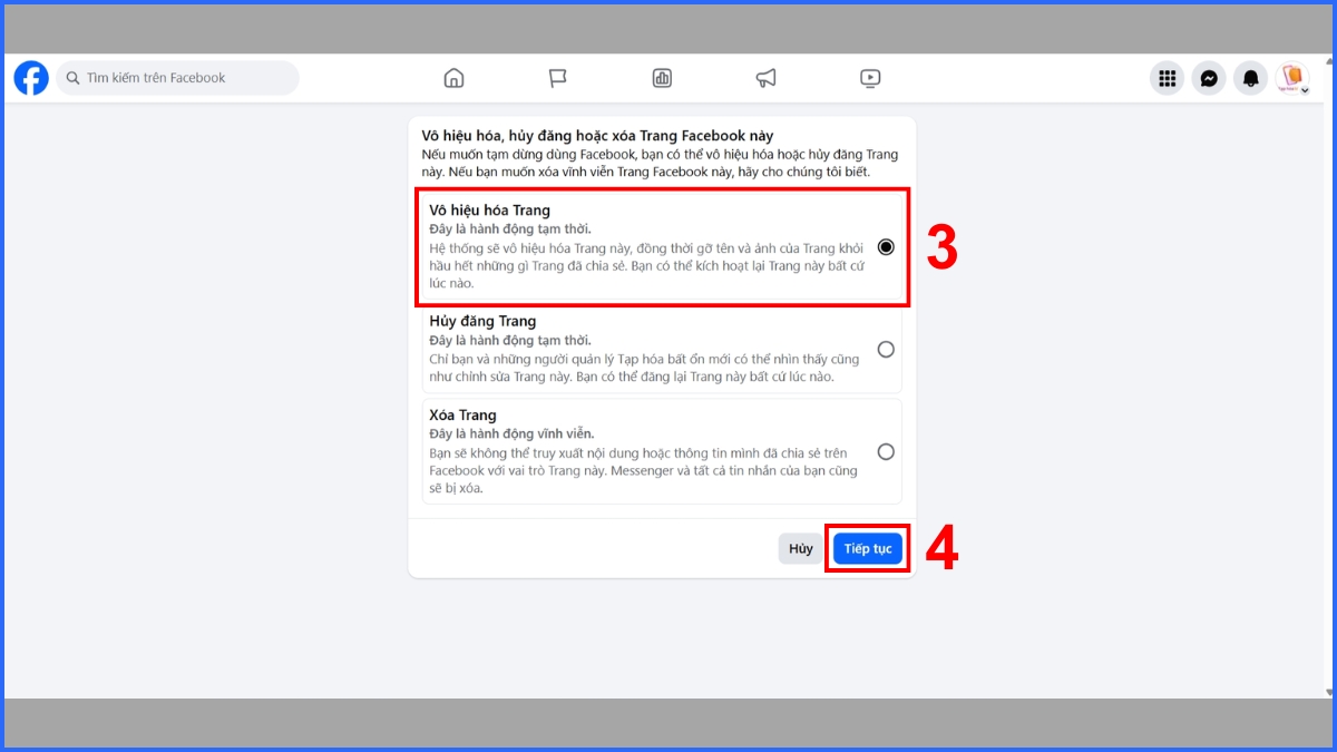 Cách ẩn trang Fanpage trên Facebook tạm thời - Bước 3, 4