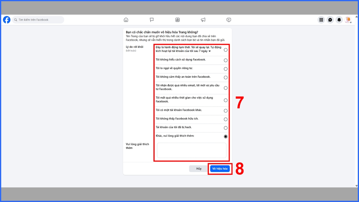 Cách ẩn trang Fanpage trên Facebook tạm thời - Bước 7, 8