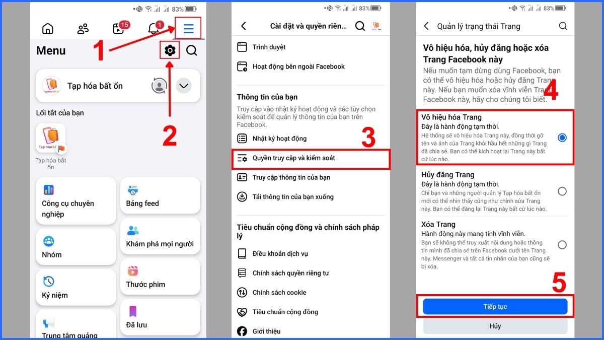 Cách ẩn trang Fanpage trên Facebook tạm thời trên điện thoại - Bước 1, 2, 3, 4, 5