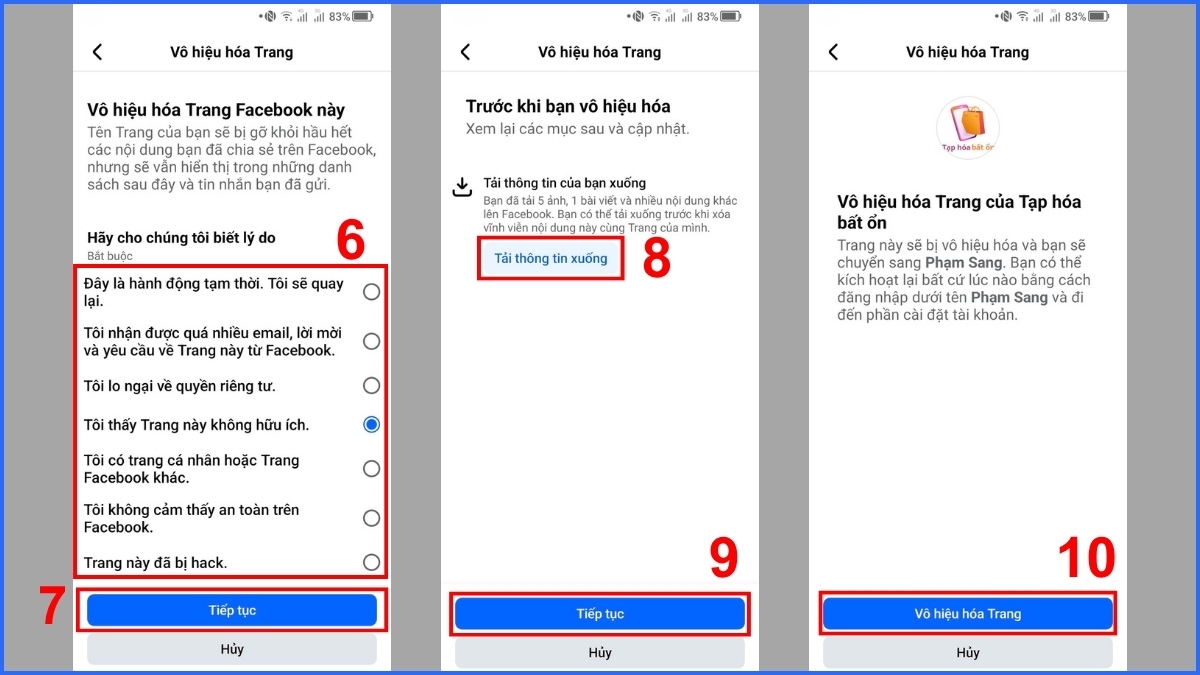 Cách ẩn trang Fanpage trên Facebook tạm thời trên điện thoại - Bước 6, 7, 8, 9, 10