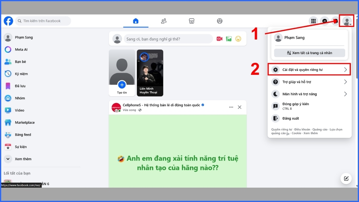 Cách khôi phục sau khi xoá trang trên Facebook trên máy tính - Bước 1, 2