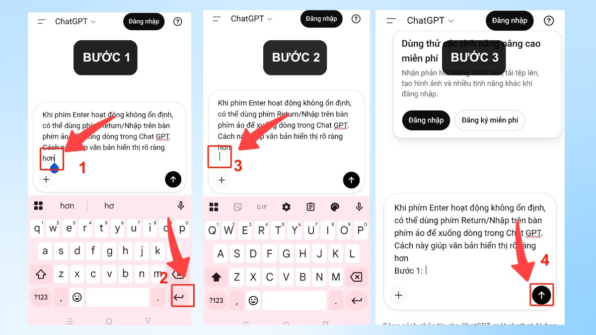 Cách xuống dòng trong ChatGPT trên điện thoại - Dùng phím Return