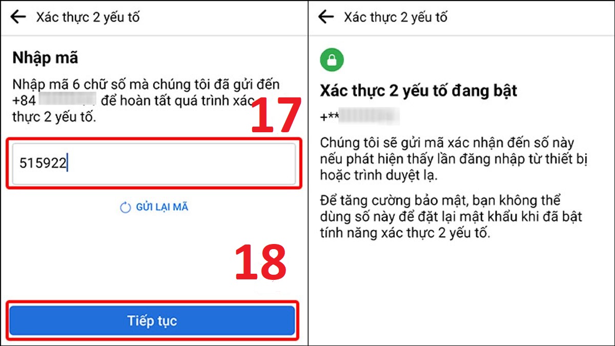 Xác thực theo phương thức đã chọn để hoàn tất bật bảo mật 2 lớp cho Facebook bước 2