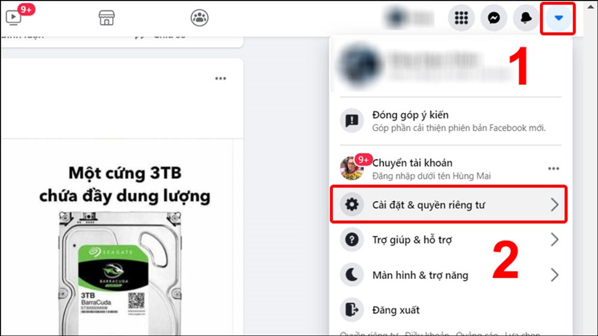 Truy cập vào website Facebook và vào mục cài đặt tài khoản Facebook