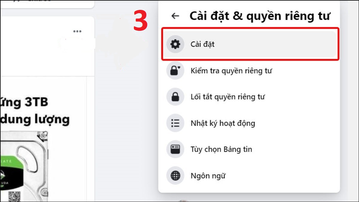 Truy cập vào website Facebook và vào mục cài đặt tài khoản Facebook bước 2