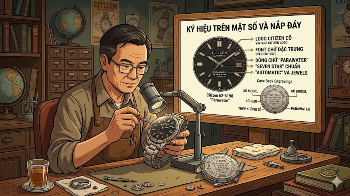 Dựa vào ký hiệu trên mặt số và nắp đáy