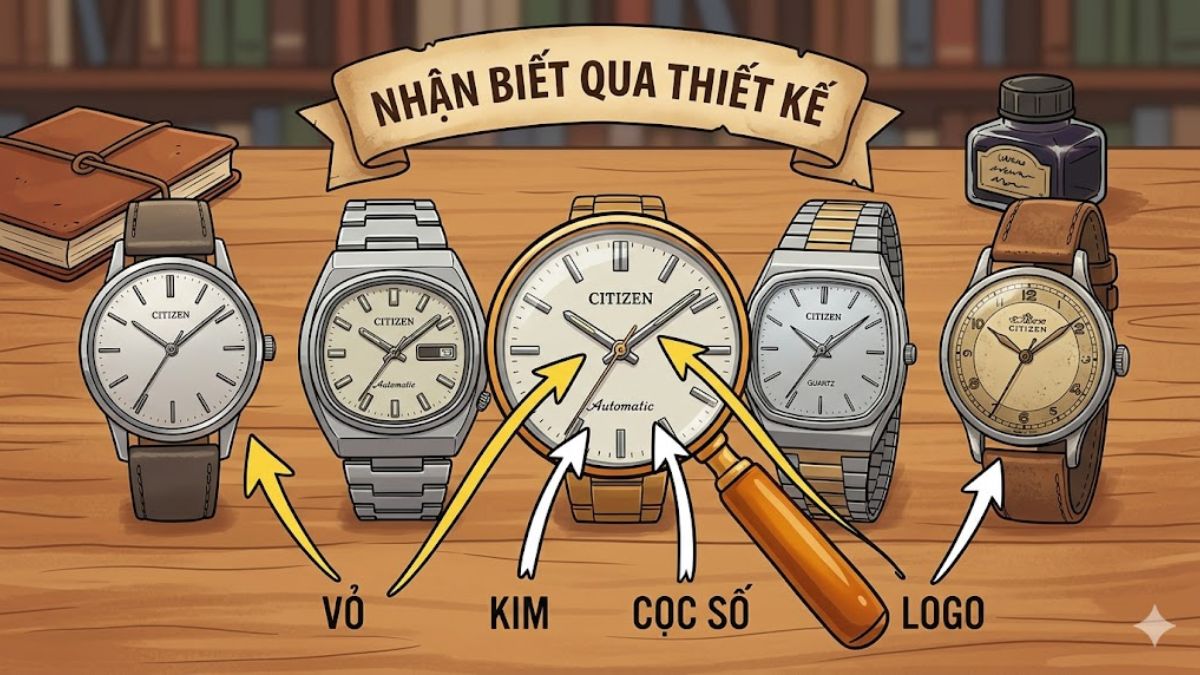 Nhận biết qua thiết kế vỏ, kim, cọc số, logo