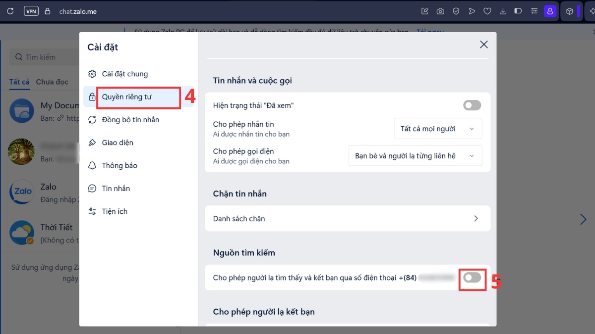 Cách ẩn số điện thoại Zalo bằng máy tính bước 2