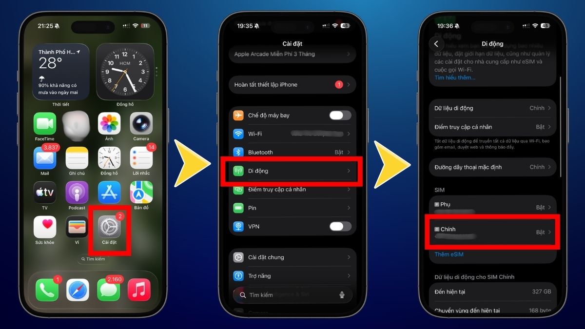 Cách cài đặt và bật 4G trên điện thoại iOS 2 SIM bước 1