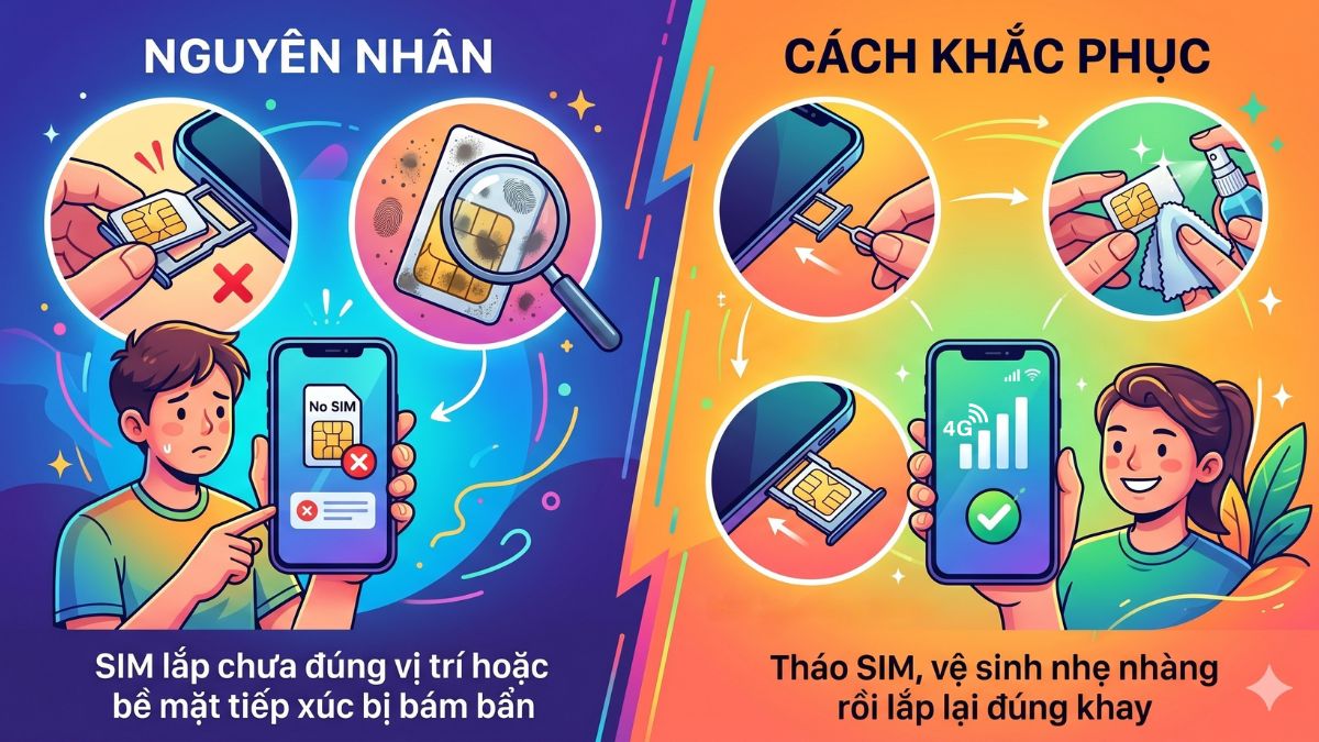 Máy hiển thị thông báo không có SIM hoặc không nhận được tín hiệu từ thẻ SIM