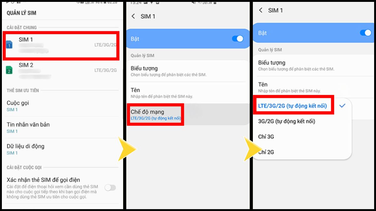 Cách cài đặt và bật 4G trên điện thoại Android 2 SIM bước 3