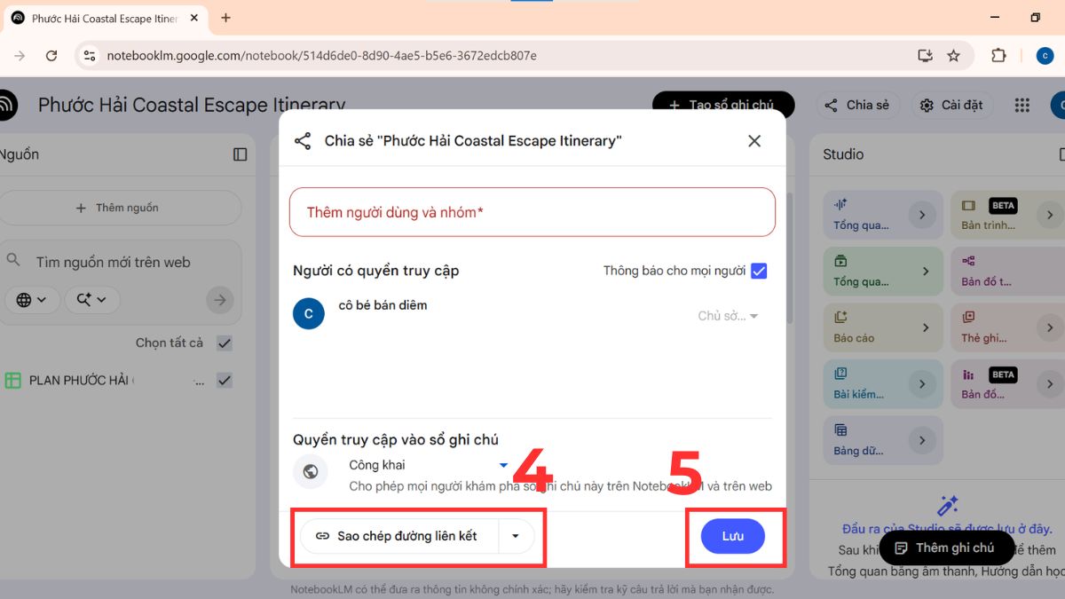 Cách chia sẻ NotebookLM trên máy tính cho người khác bước 4