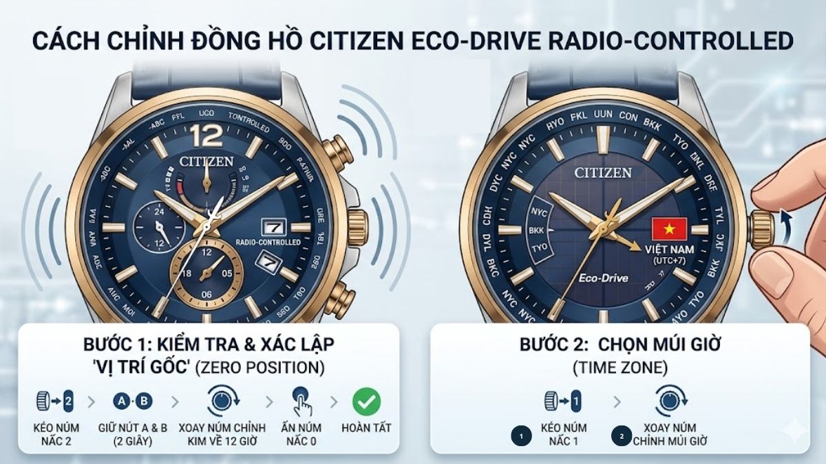 Cách chỉnh đồng hồ Citizen Eco Drive radio-controlled hoặc đa chức năng