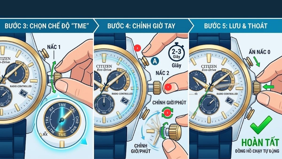 Cách chỉnh đồng hồ Citizen Eco Drive radio-controlled hoặc đa chức năng bước 2