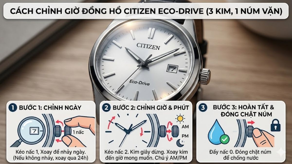 Cách chỉnh đồng hồ Citizen Eco Drive 3 kim