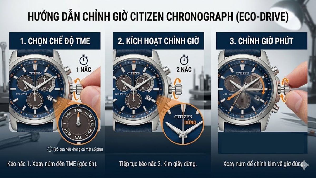 Cách chỉnh đồng hồ Citizen Eco Drive có Chronograph