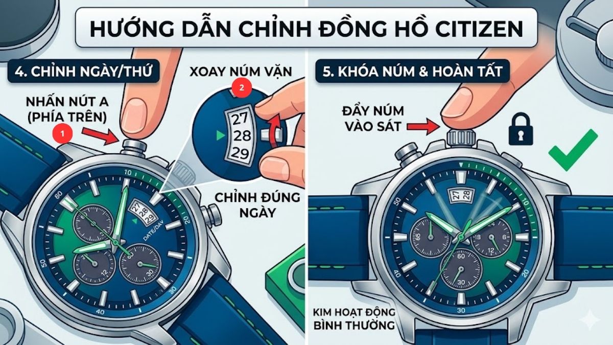 Cách chỉnh đồng hồ Citizen Eco Drive có Chronograph bước 2