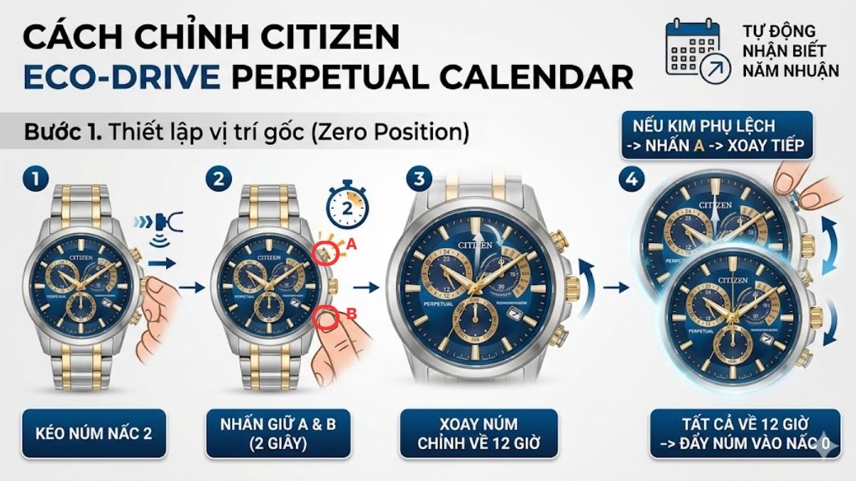 Cách chỉnh Citizen Eco Drive Perpetual Calendar