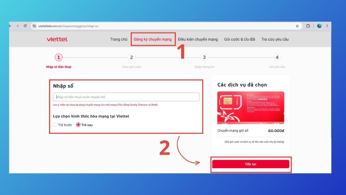 Chuyển mạng giữ số Vietnamobile sang Viettel qua Website bước 1