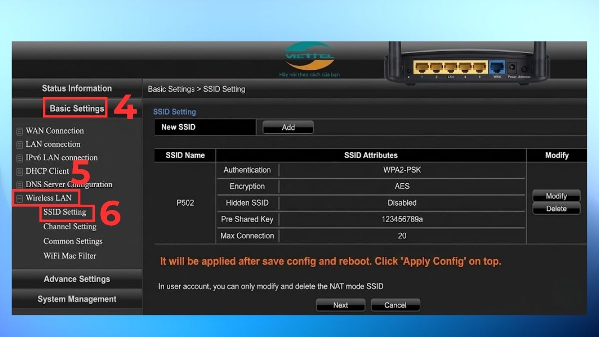 Cách đổi mật khẩu WiFi Viettel trên máy tính tại nhà bước 3