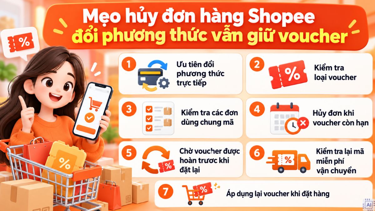 Mẹo hủy đơn hàng Shopee đổi phương thức vẫn giữ voucher