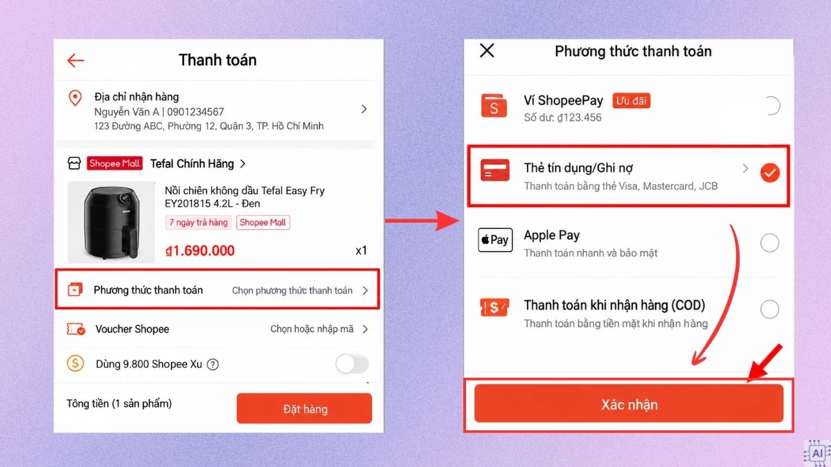 Cách đổi phương thức thanh toán trên Shopee khi chưa đặt hàng bước 3