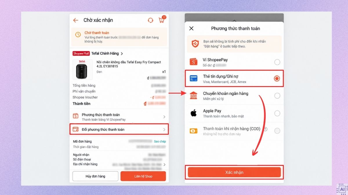 Cách đổi phương thức thanh toán trên Shopee khi đã đặt hàng bước 2