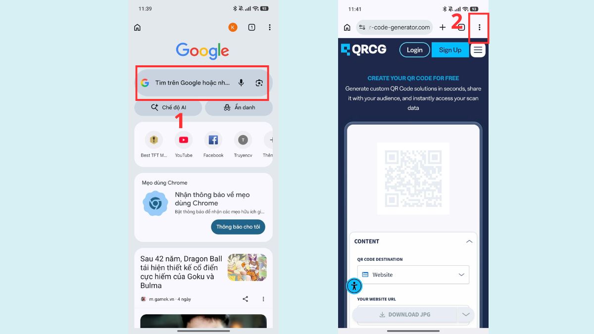 Cách đưa mã QR dạng website ra màn hình chính bằng Chrome bước 1
