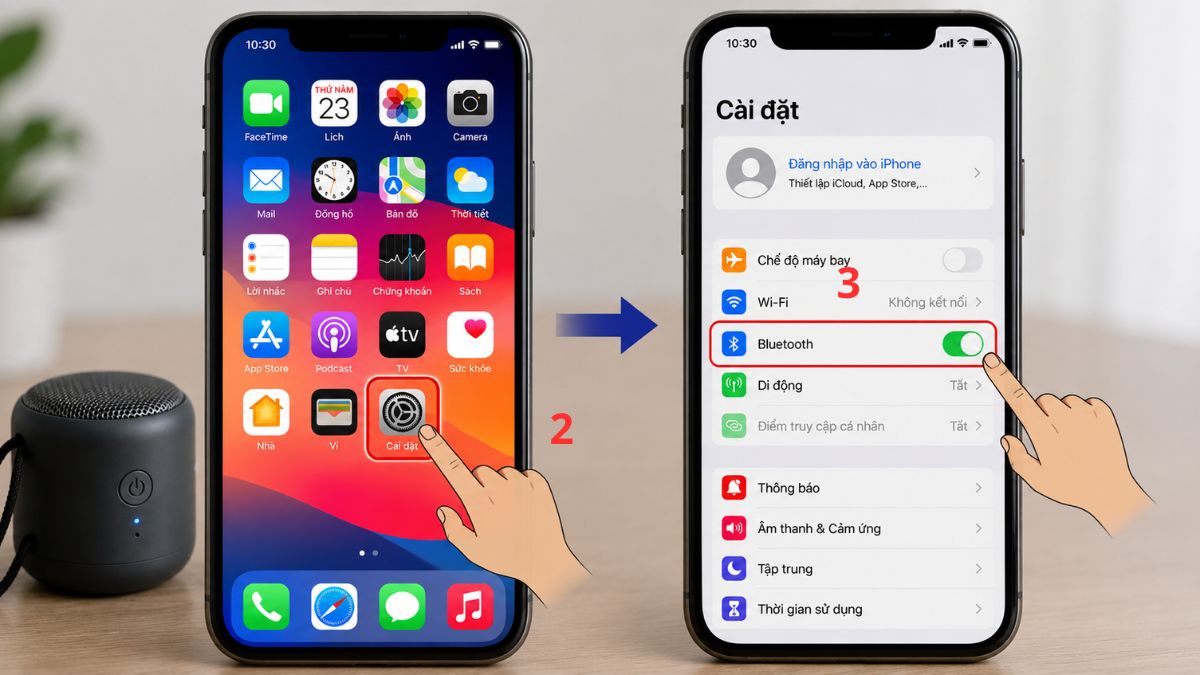 Cách kết nối điện thoại iPhone với loa mini bước 2